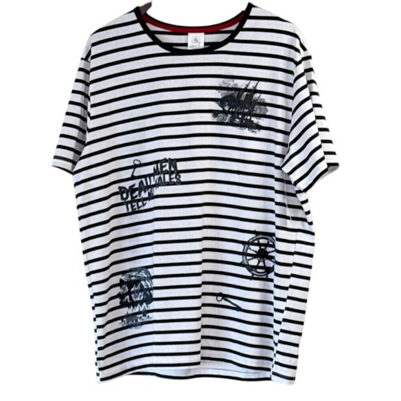 Disney Shirt Unisex White Pirates of the Caribbean Dead Men Striped Size Large - Picture 1 of 6